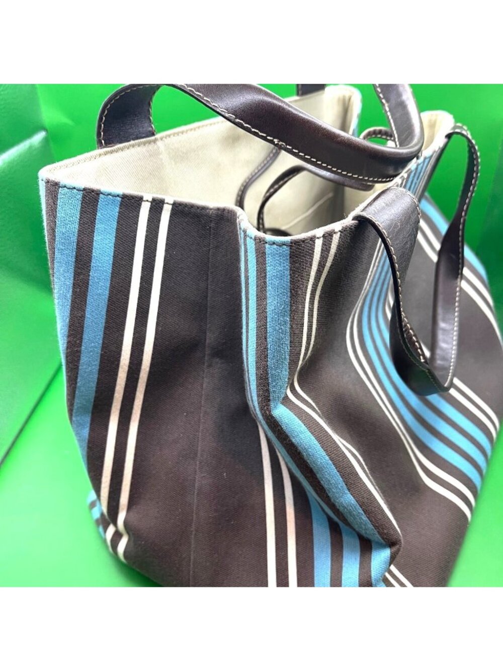 Kate Spade NY Striped Canvas Tote Bag Blue Brown White Leather Handles Italy VTG - Picture 2 of 15
